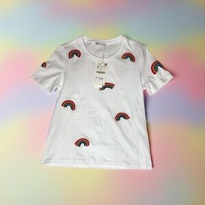 Zara White Tee with Rainbow Embroidery